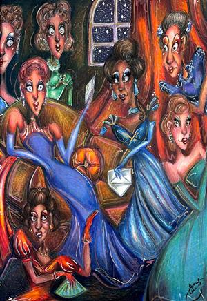 a colorful painting of women in dresses